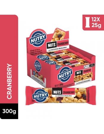 Barra de Nuts Cranberry - Nutry - Display 12 x 25g - Com Castanhas Brasileiras, Amêndoas e Fruta